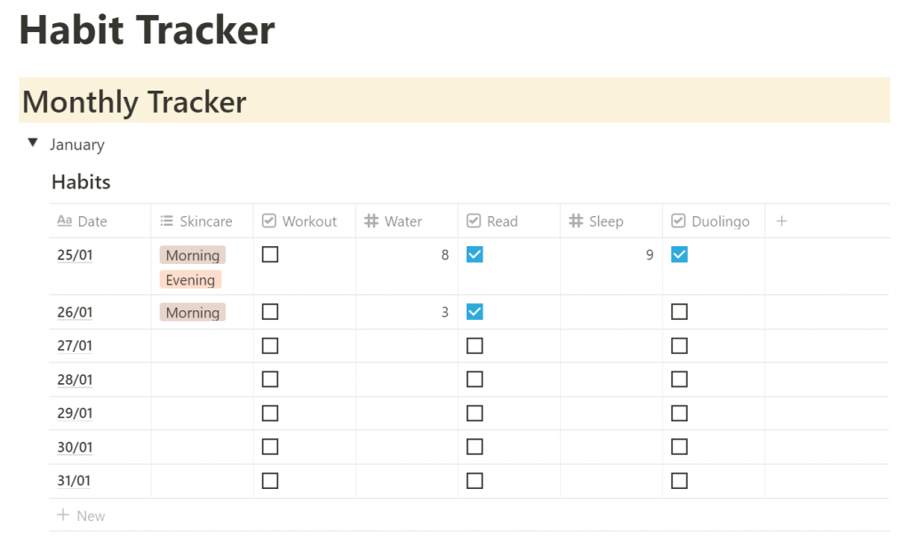 Notion layout - habit tracker -productivity tool