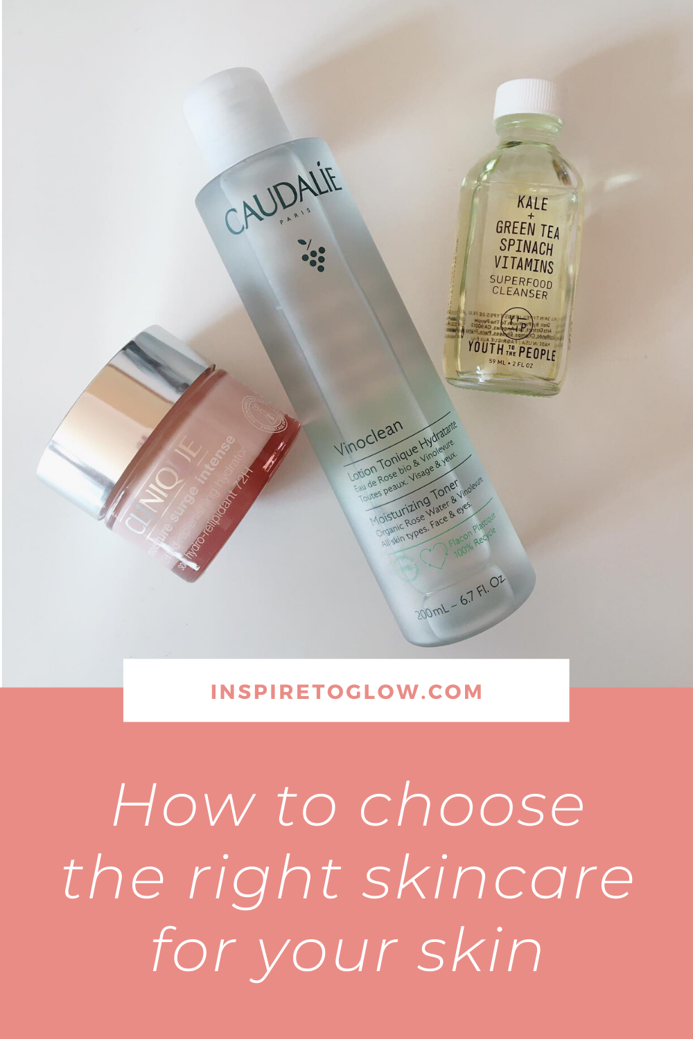 How to choose the right skincare products for your skin - Pinterest Pin - Clinique Moisturizer - Youth to the People Cleanser - Caudalie Toner