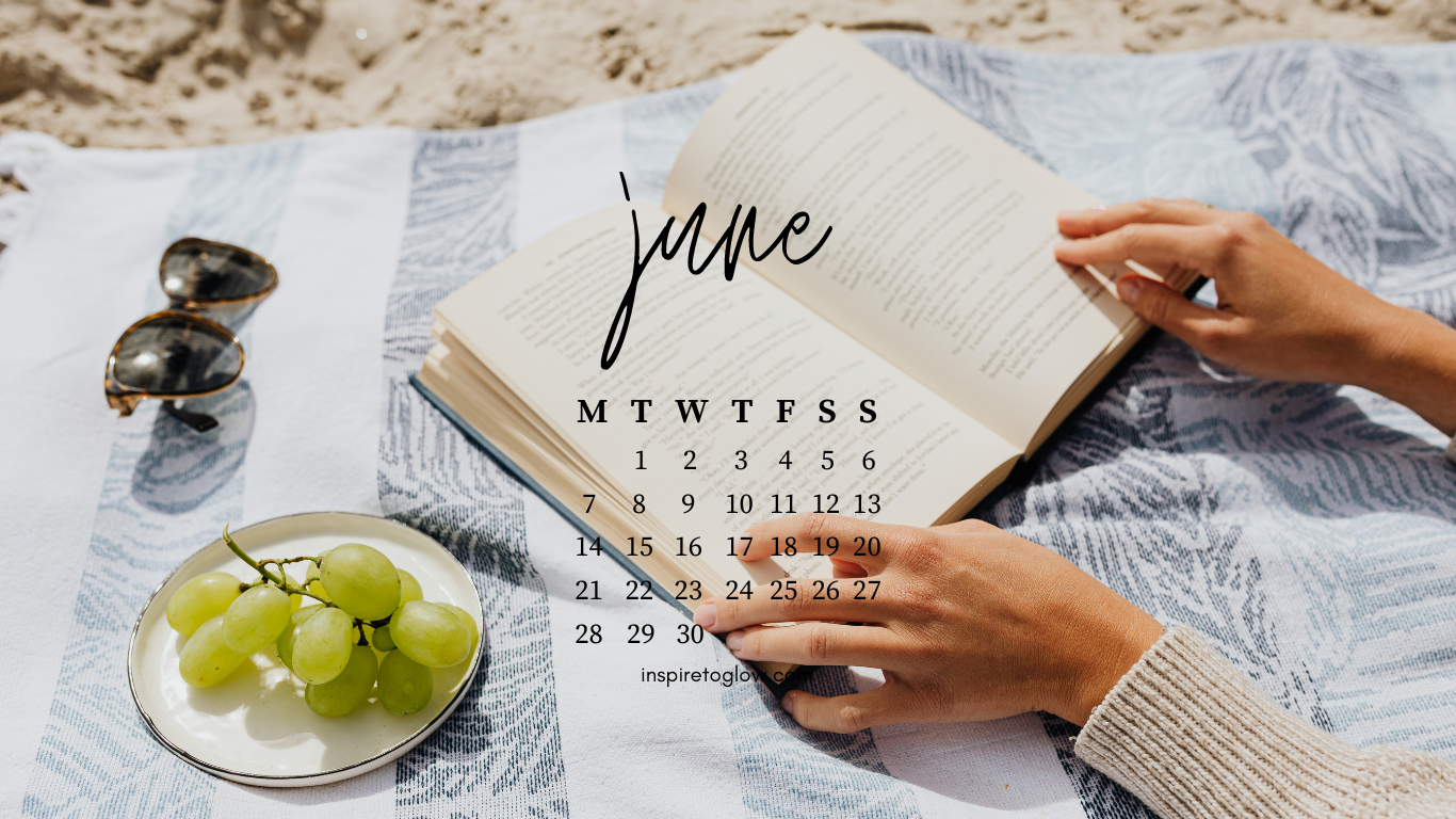 Free June Tech Backgrounds - Beach day - girl reading - Wallpaper with calendar