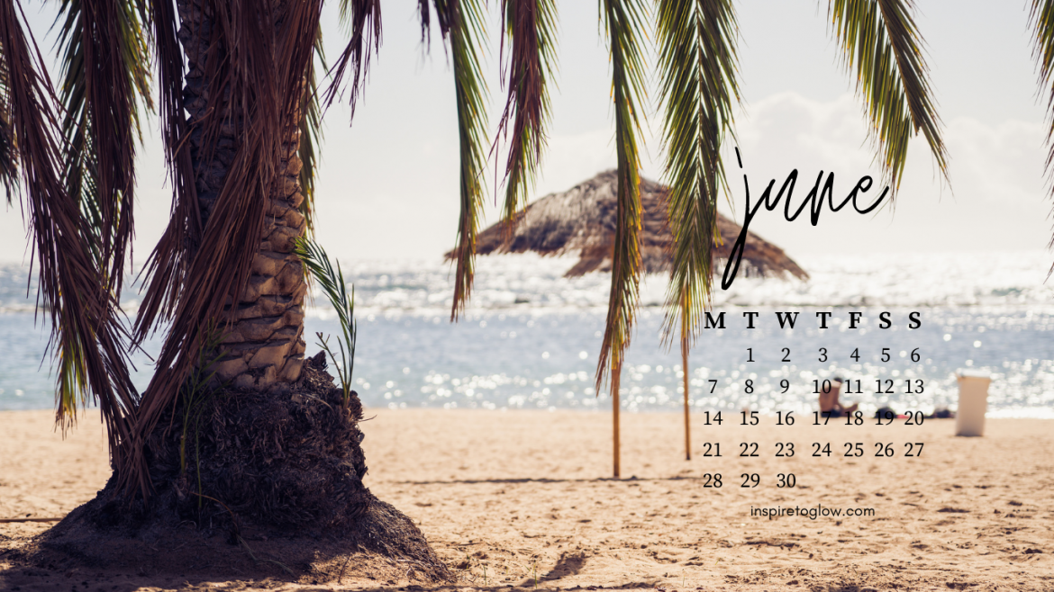 Free June Tech Backgrounds - Beach day - Palm Trees - Summer - Ocean view - wallpaper with calendar