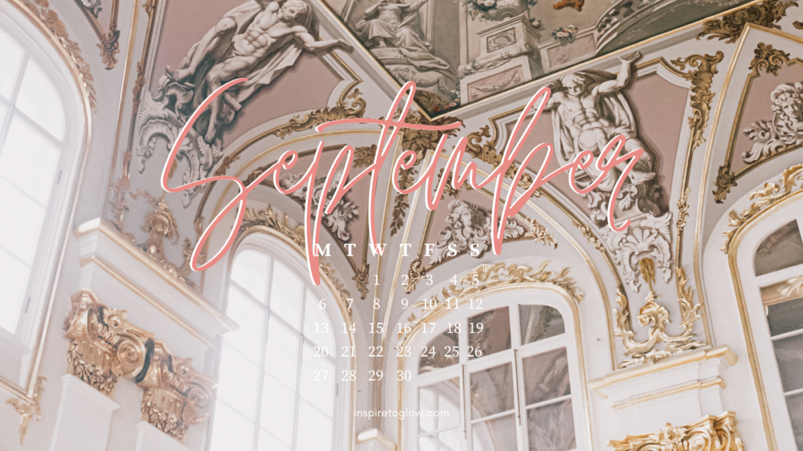 September Wallpaper with calendar starting on Monday - Vintage Parisian Building Interior Castle - Gold Pink White