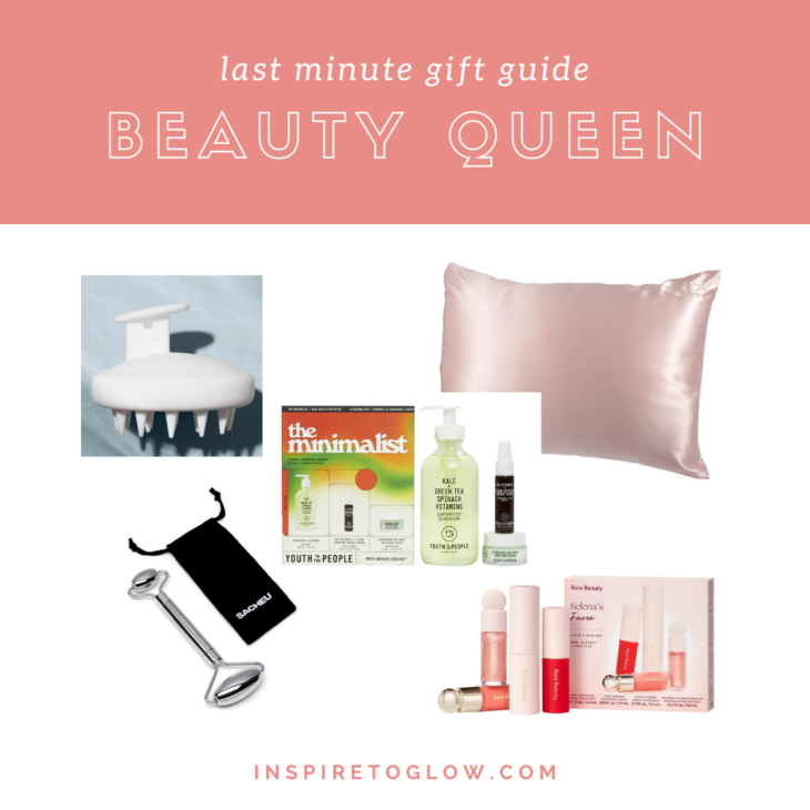 2021 Last Minute Gift Ideas - Holiday Christmas Present Inspiration - Beauty Queen - Rare Beauty Makeup Set - Youth to the People Skincare Set - Sacheu Face Roller - Forvr Mood Silk Pillowcase - Hello Klean Exfoliating Scalp Brush