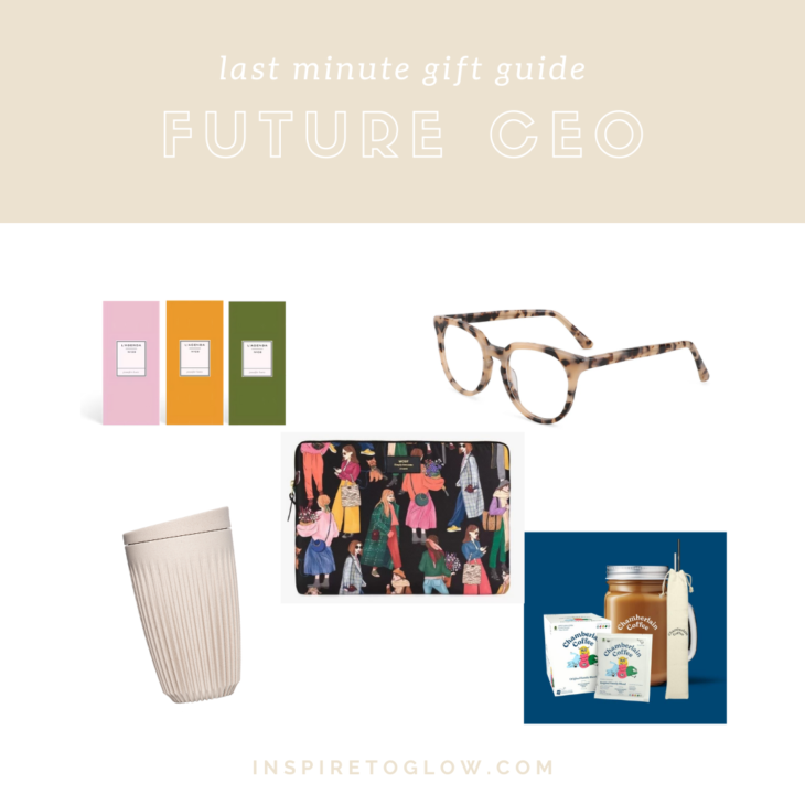 2021 Last Minute Gift Guide - Christmas Present Ideas Inspiration - Future CEO Entrepreneur - Wouf Laptop Sleeve - Antwerp Avenue Blue Light Blocking Glasses - Huskee Travel Coffee Cup - Papier Notepads - Chamberlain Coffee Cold Brew Starter Pack