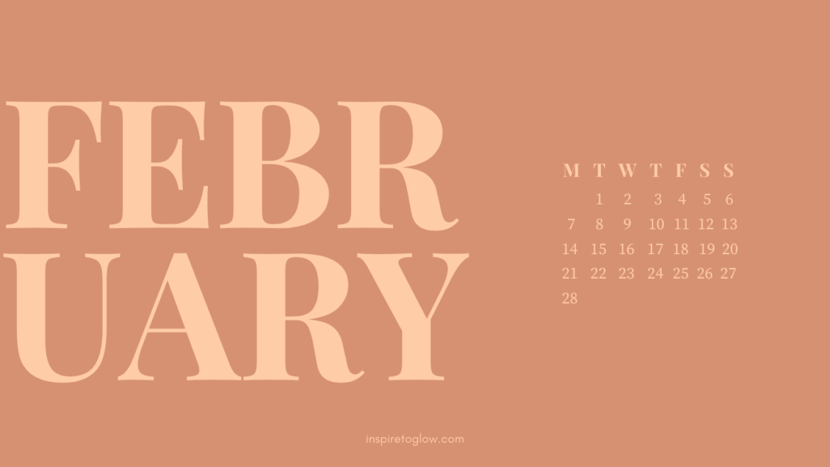 February 2022 Desktop Wallpaper - Pink Peach Background with calendar - monday start - typography