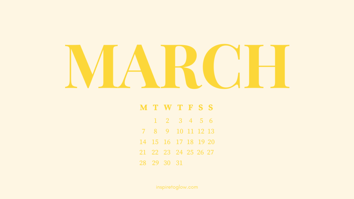 March Desktop Wallpaper - Yellow Typography - Calendar Monday Start - Minimal and Bright
