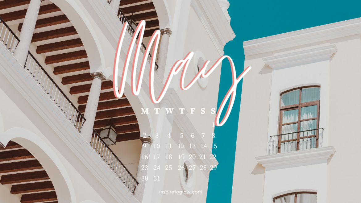 May 2022 Desktop Wallpaper with calendar monday start - Architecture photography white building blue sky - travel summer vibes - santorini greece - Inspire to Glow