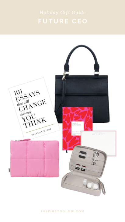 2022 Holiday Christmas Gift Ideas for everyone on your list - Future CEO Female Entrepreneur Inspiration - The Luncher pretty lunchbag - Inspirational and motivational book - pink laptop case - cable tidy organizer - notebook and notecard set
