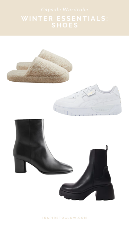 Build a Capsule Wardrobe You'll love - Part 2: Winter 2022 2023 Essentials - Shoes - Chelsea Boots Block Heel Boots White Sneakers Beige Fluffly Slippers - Fashion Guide Inspiration