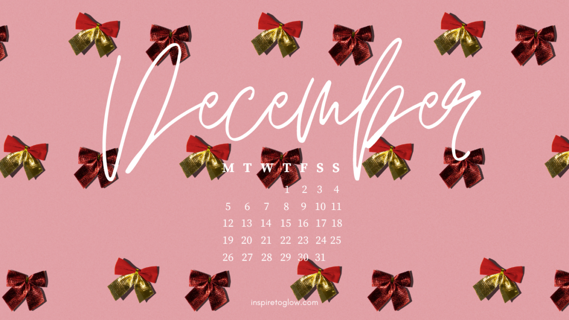 Inspire to Glow December 2022 Desktop Wallpapers - Calendar Monday start - Pink Background with Christmas Ornaments Christmas Bows in red and gold colors - Productivity -Lifestyle Blog