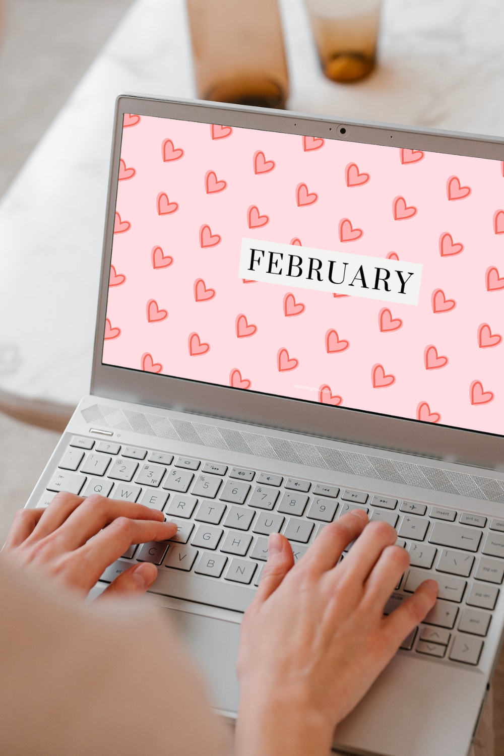 Inspire to Glow - February Tech Background Desktop Wallpaper with pink and red hearts - Valentine's and Galentine's day aesthetic
