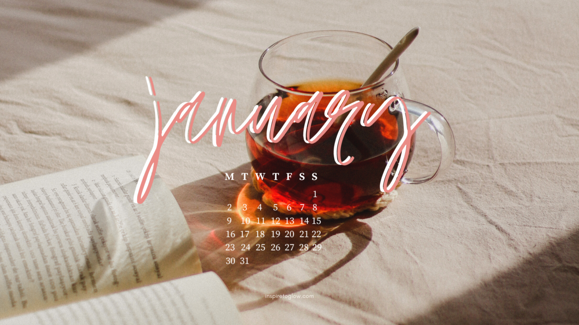 Inspire to Glow - January 2023 Tech Background with calendar Monday start - Cozy Cosy Vibes - Reading a Book - Drinking a cup of tea - Photography - Pretty Desktop Wallpaper - Productivity and Lifestyle Blog - Neutral Vibes Aesthetic