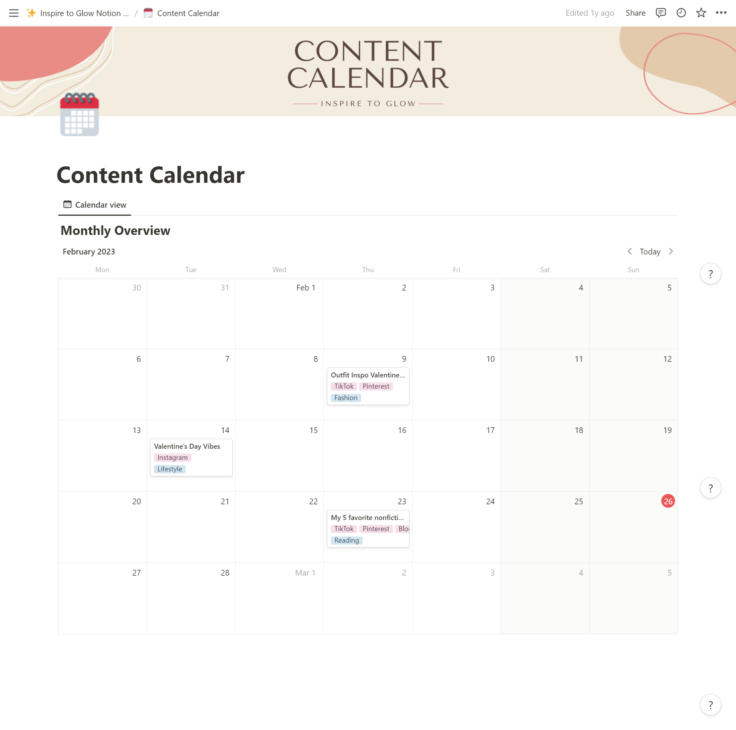 Inspire to Glow Notion Template - How I use notion to organize my business and blog as a content creator - Content Calendar 