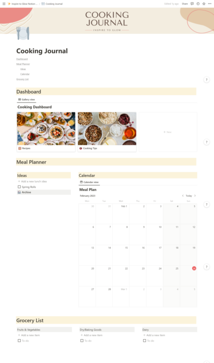 Inspire to Glow Notion Template - How I use notion to organize my cooking  - Cooking Journal - Digital Recipe Book - Meal Prep Planner - Grocery List