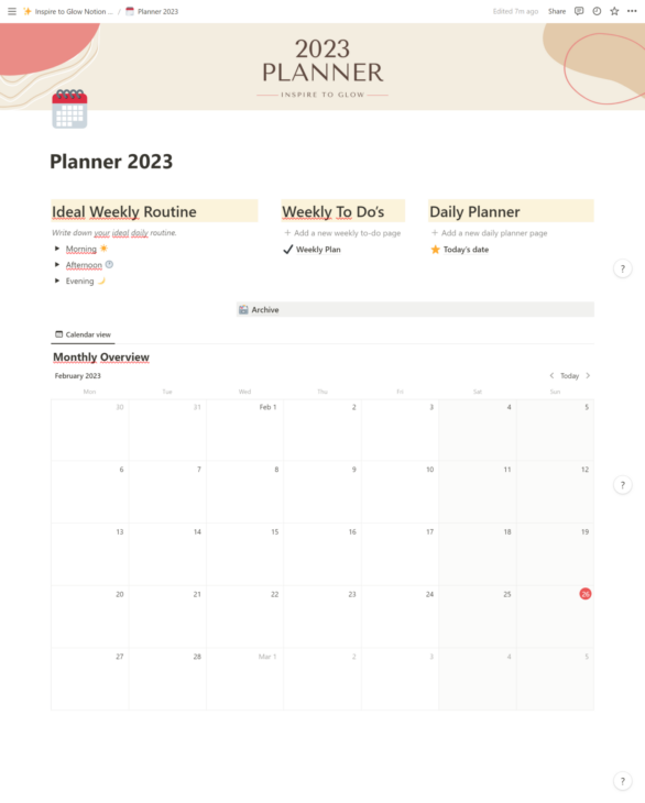 Inspire to Glow Notion Template - How I use notion to organize my life - Digital Planner with monthly calendar, weekly to-do page and a plan your day page