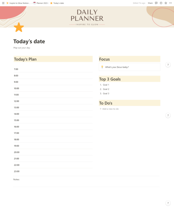 Inspire to Glow Notion Template - How I use notion to organize my life - Digital Planner with a plan your day page - Plan per hour - focus, goals and to do's of the day