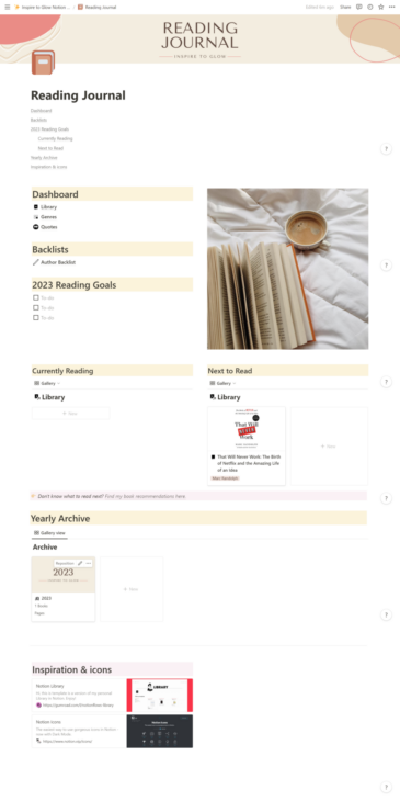 Inspire to Glow Notion Template - How I use notion to organize my reading - Digital Reading Journal - Digital Library and TBR - Reading Goals - Reading Stats and Challenges