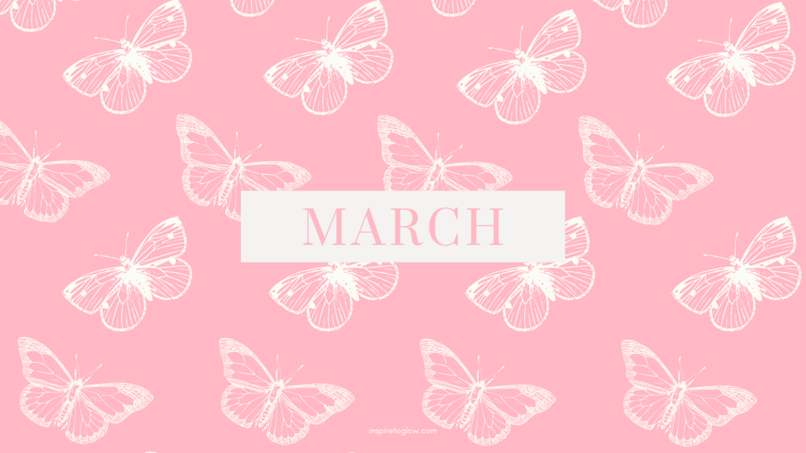Inspire to Glow March 2023 Desktop Wallpaper - Spring - Pink and White Tech Background Design - Pink Typography and white butterflies