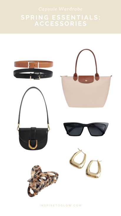Inspire to Glow Fashion Blog Post - How to build a Spring 2023 Capsule Wardrobe you'll love - Spring Essentials - Musthave Accessories - Longchamp Le Pliage Bag - And Other Stories Angular Cat Eye Sunglasses - And Other Stories Chunky Hoop Earrings - Charles & Keith Black Mini Gabine Saddle Bag - NaKd Black and Brown Belt - And Other Stories Butterfly Claw Clip