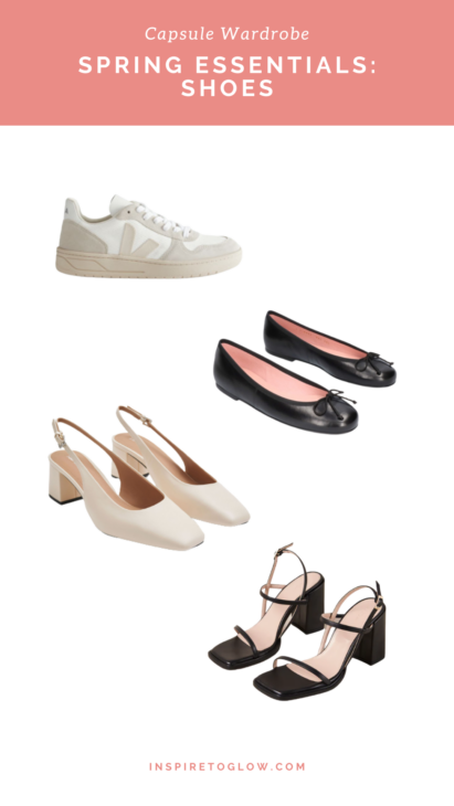 Inspire to Glow Fashion Blog Post - How to build a Spring 2023 Capsule Wardrobe you'll love - Spring Essentials - Musthave Shoes - White Sneakers by Veja - Black Rosario Ballet flats by Pretty Ballerinas - Block Heel Slingbacks by And Other Stories - Lorena Heeled Sandals by Alohas