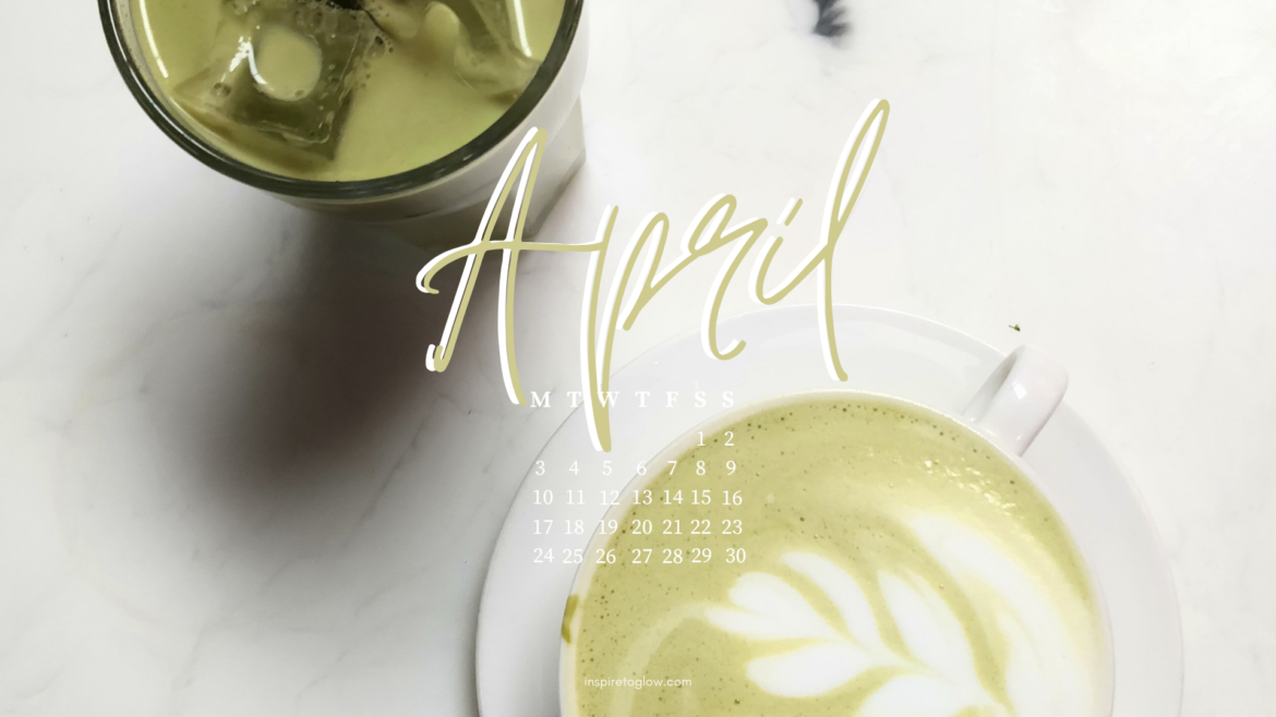 Inspire to Glow April 2023 Tech Background  with calendar: Flatlay photography of a iced matcha and a matcha latte on marble background - green aesthetic - Spring vibes