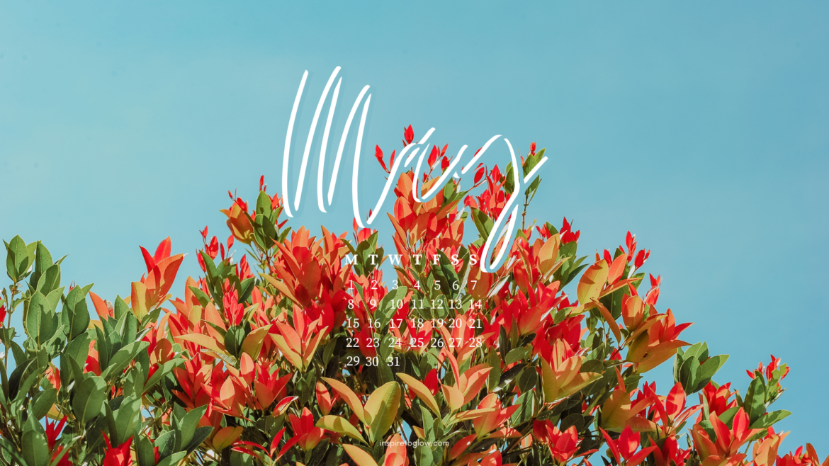 Inspire to Glow - May 2023 Tech Background - Summer Vibes - Clear Blue Skie - Green Red Orange Plant Flowers - Pretty Wallpaper with calendar