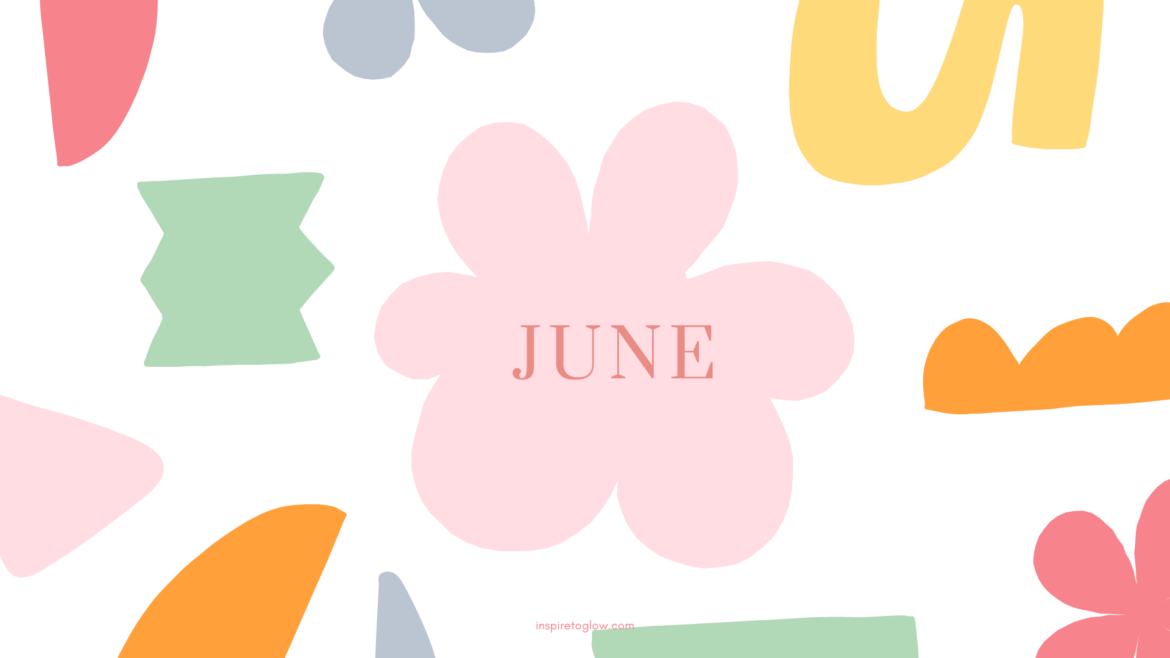 June 2023 Desktop Wallpaper Screensaver - White background with colorful abstract shapes in pastel colors