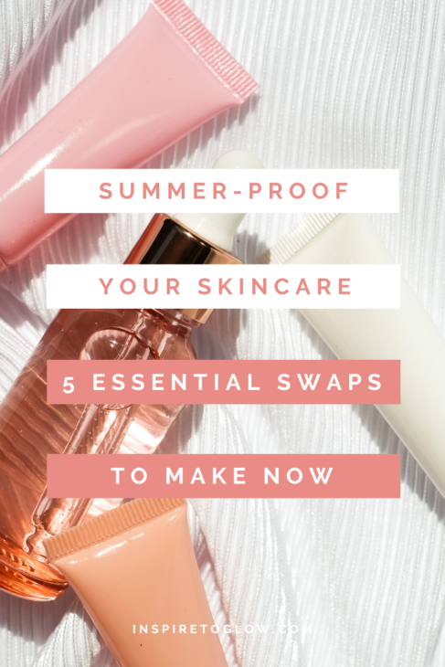 Pinterest Pin - summer-proof your skincare: five essential swaps to make now - skincare blog - flatlay photography of skincare products in the pink and orange tones on a white background