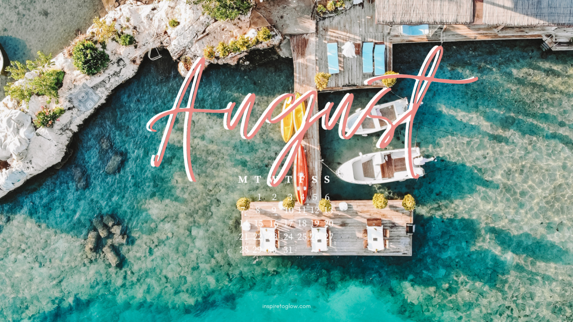 Inspire to Glow August 2023 Tech Background with a calendar - Travel Vibes Photography - Blue ocean white boats - tropical hotel resort