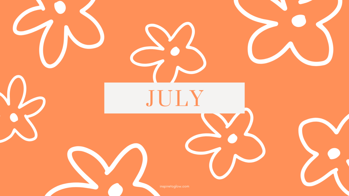 Inspire to Glow July Desktop Wallpaper - Orange Background with white flower illustrations designs