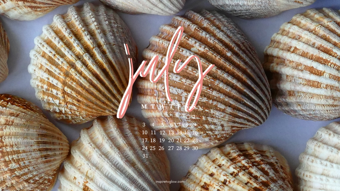 Inspire to Glow July 2023 Tech Background with calendar - Nature Summer Ocean Photography Flatlay - Background of Brown White Beige Seashells on white sand