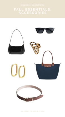 Fall 2023 Capsule Wardrobe - Fall Essentials: Accessories - Black Leather Shoulder Bag by And Other Stories - Le Pliage by Longchamp - Golden Hoops by Imagin Jewels - Cat Eye Sunglasses by And Other Stories - Hair Claw by NA-KD - Croco Leather Belt by And Other Stories