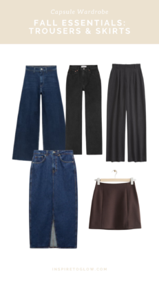 Fall 2023 Capsule Wardrobe - Fall Essentials: trousers, jeans and skirts - Marine Straight Jeans by Zara - 90's Jeans by Abercrombie - Maxi denim skirt by Mango - Tailored pants by Abercrombie - mini skirt by And Other Stories