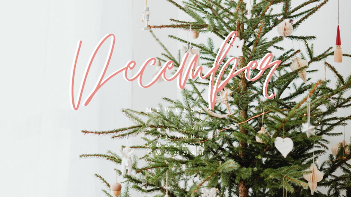 Inspire to Glow December 2023 Tech Background - Pretty Wallpaper with a calendar - Photography Background - Christmas Tree Decorations - Pretty Christmas tree ornaments