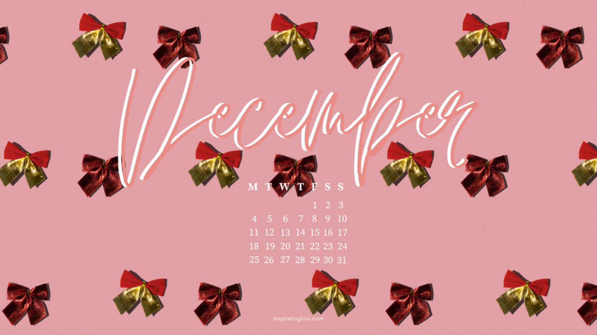 Inspire to Glow December 2023 Tech Background - Pretty Wallpaper with a calendar - Photography Background - Christmas Bows in gold and red - Bows flatlay