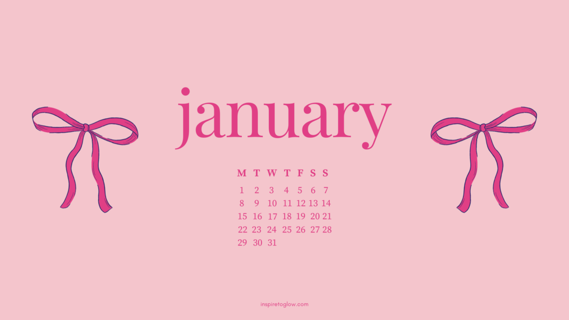 Inspire to Glow January 2024 Tech Backgrounds - Pink background with pink typography - january calendar - pink bows - bow design illustration - cute background for your laptop or desktop computer