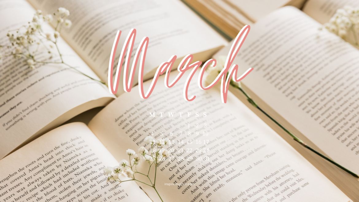 Inspire to Glow March 2024 Tech Background - Pretty Desktop Wallpaper - Spring Aesthetic Vibes - open book with white flowers - reading vibes - desktop background with calendar