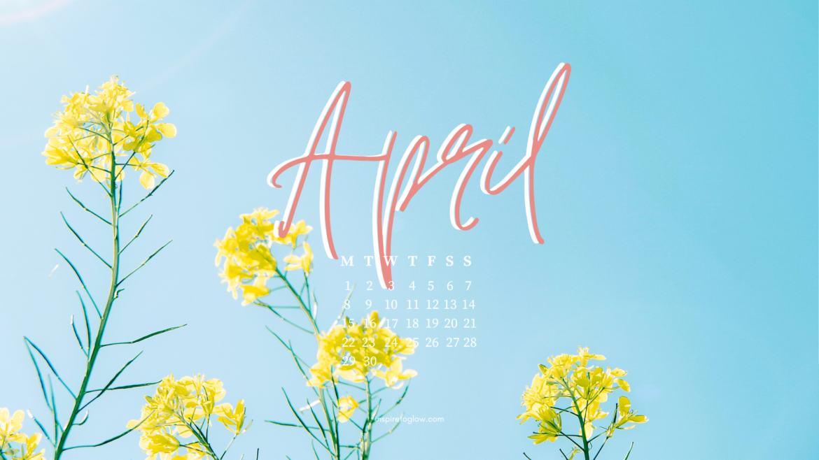 April 2024 Tech Background - Desktop Wallpaper with calendar - Spring Vibes Aesthetic Photography - Yellow Flowers - Clear Blue Sky
