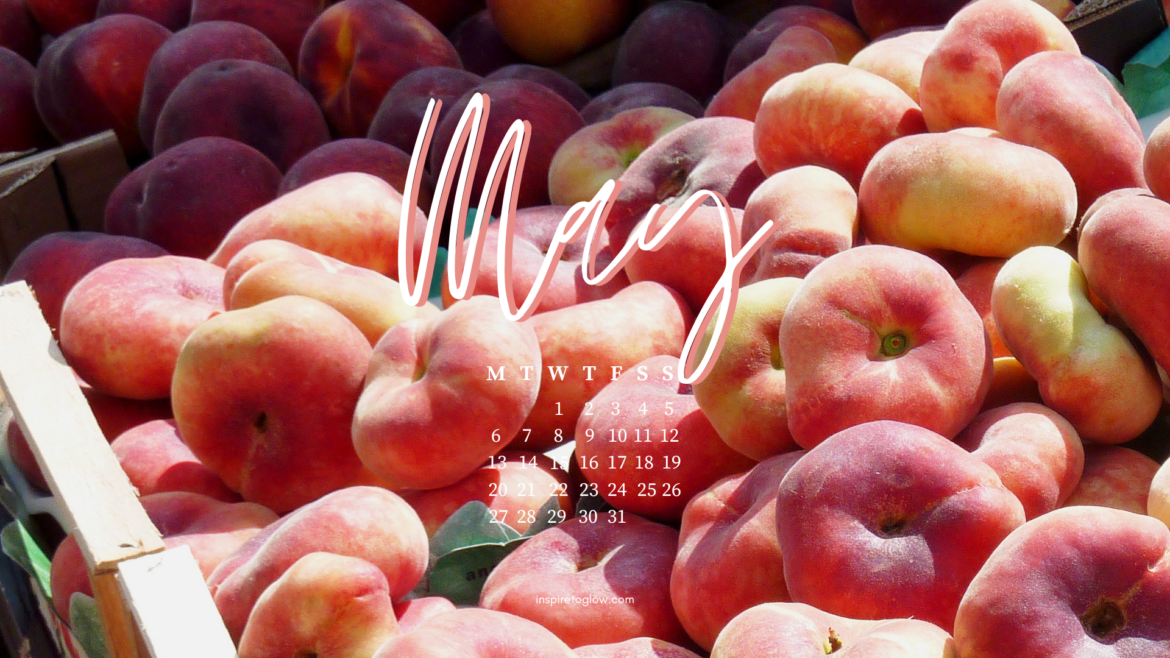 May 2024 Tech Background - Fruit Photography Peaches - Summer Spring Vibes Aesthetic - Pretty Wallpaper with calendar