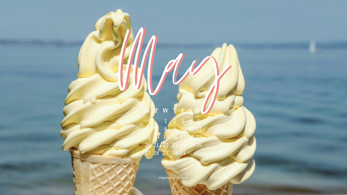 May 2024 Tech Background - Pretty Wallpaper - Summer Spring Aesthetic Vibes - Ice Cream Gelato Ocean Sea View - Vacation Vibes - Wallpaper with calendar
