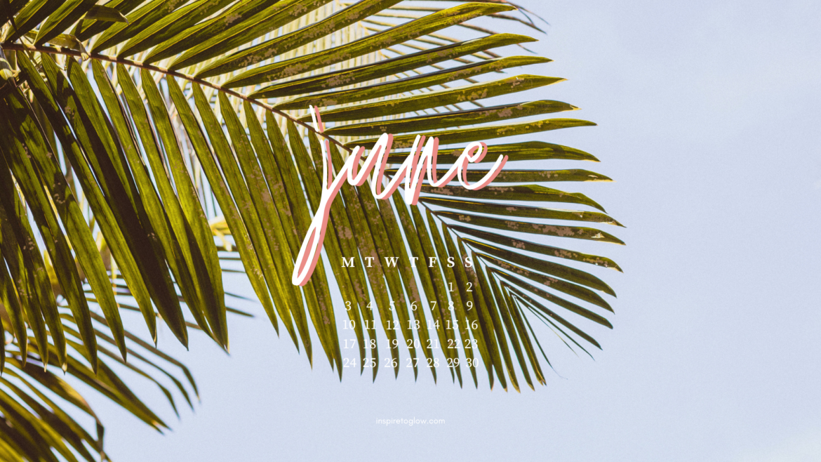 June 2024 Tech Background Desktop Wallpaper- Pretty Spring Summer Wallpapers - Summer Vibes Aesthetic - Summer Vacation Photography - Palm Trees Clear Blue Sky - Wallpaper with calendar