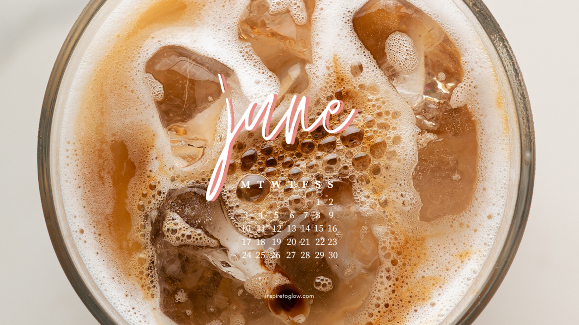 june 2024 tech background with photo background - pretty wallpaper aesthetic - iced coffee vibes aesthetic - iced latte - background with calendar