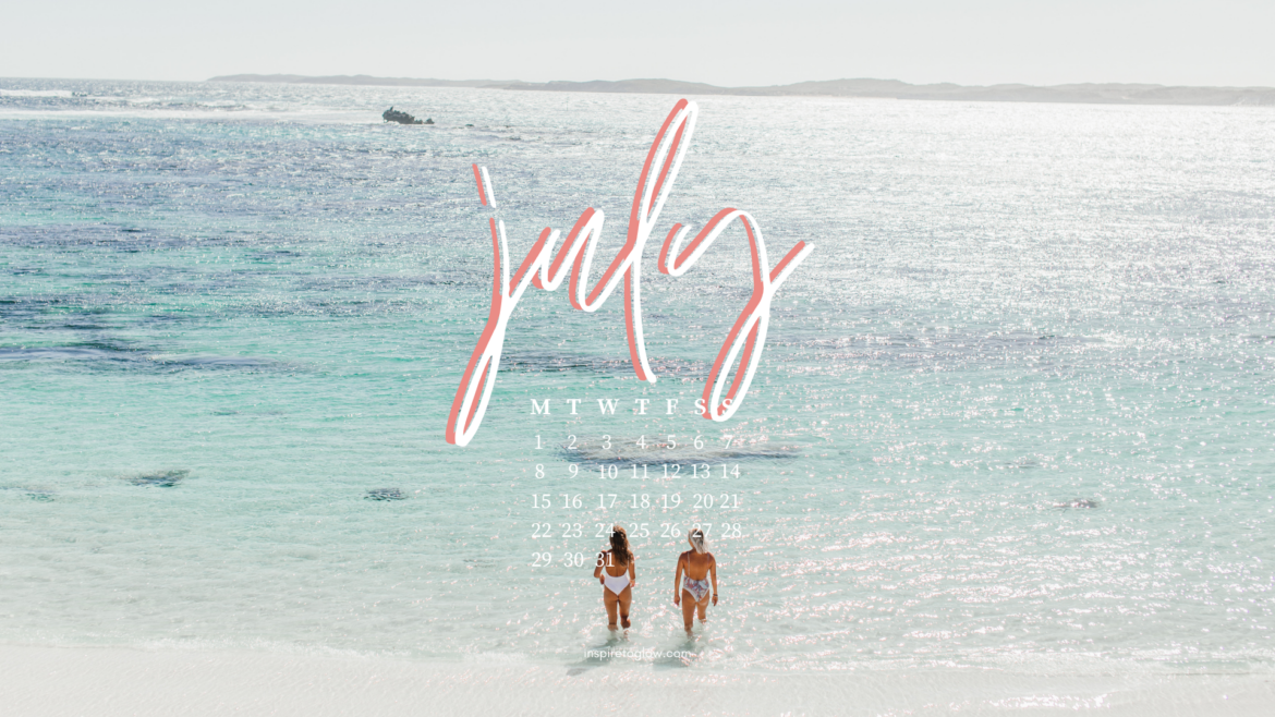 July 2024 Tech Backgrounds - Summer Vacation Beach Photography - Desktop Background with calendar - Blue ocean - white sand - two woman standing on the beach