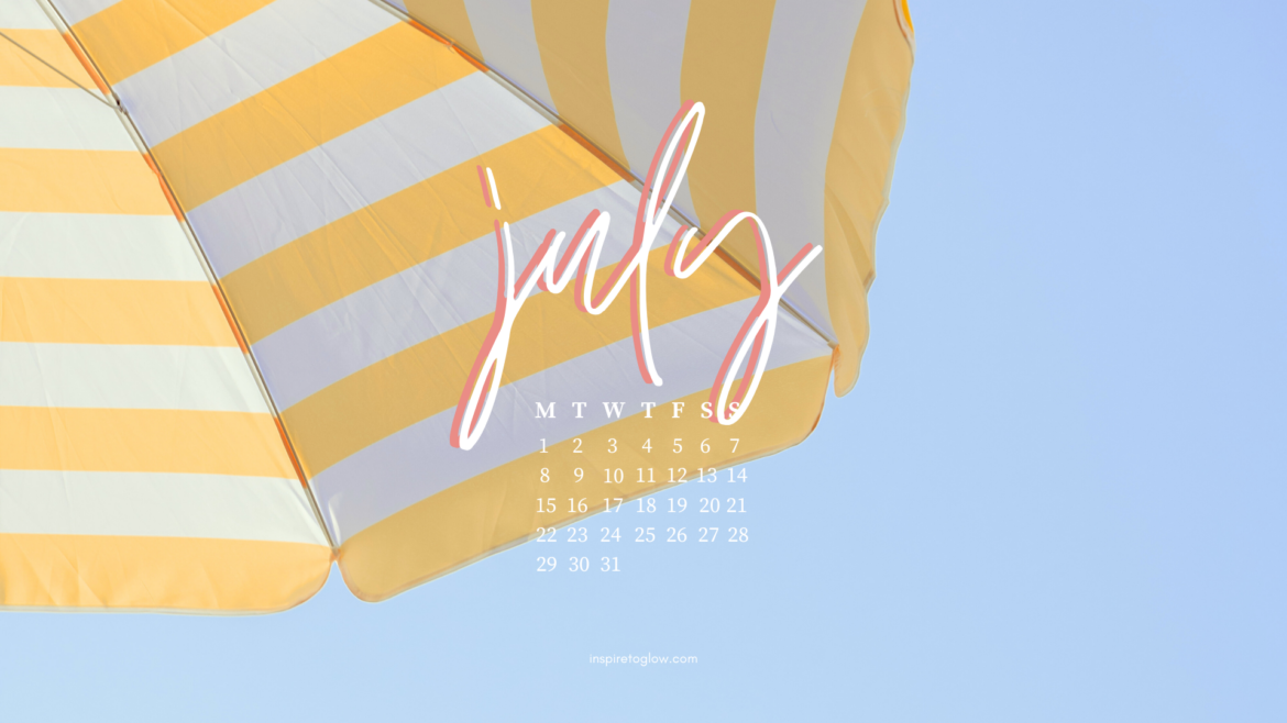 July 2024 Tech Backgrounds - Summer Vacation Photography - Desktop Background with calendar - Yellow and white beach umbrella