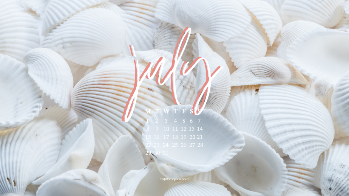 July 2024 Tech Backgrounds - Summer Vacation Beach Photography - Desktop Background with calendar - White seashells