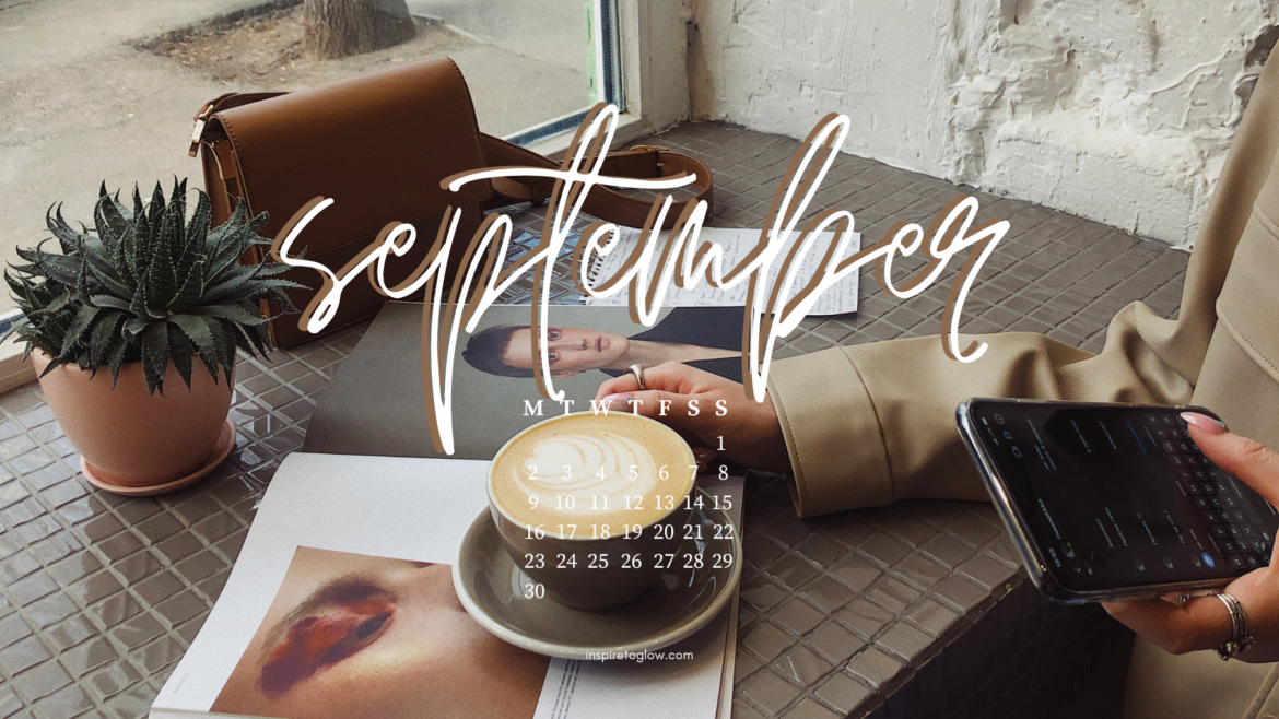 Inspire to Glow September 2024 Tech Backgrounds - Pretty Desktop Wallpaper - Autumn Vibes - Fall Aesthetic Photography - Woman drinking coffee in a café while reading a fashion magazine