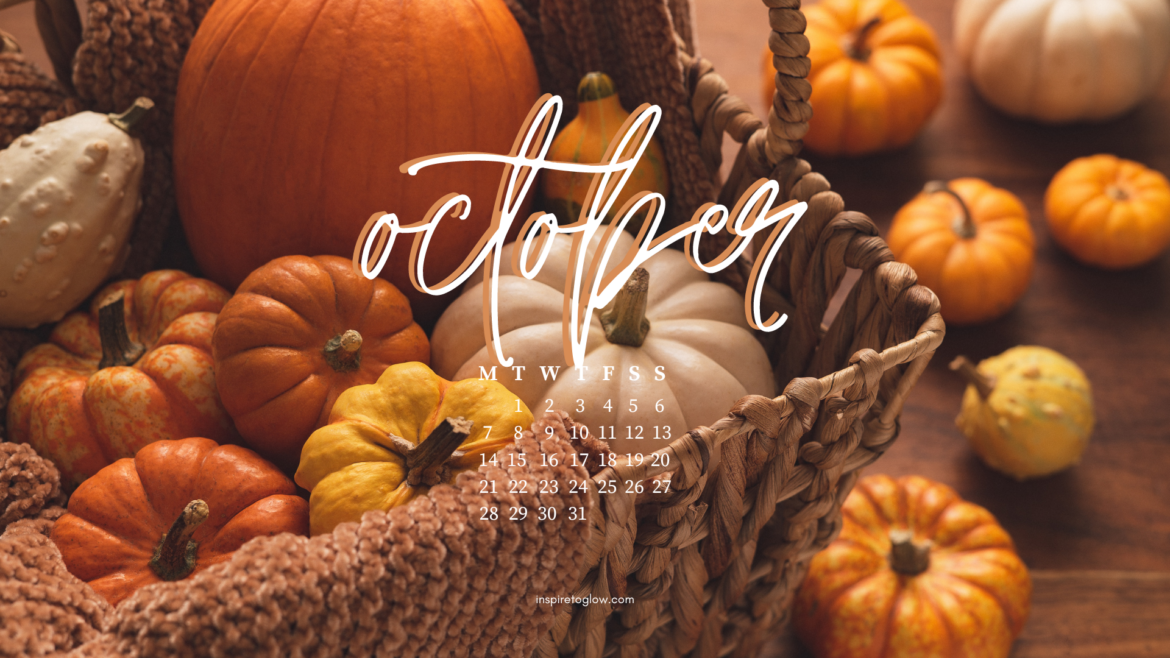 October 2024 Tech Background - Pretty Autumn Wallpaper - Fall Pumpkins Photography - Desktop Wallpaper with calendar