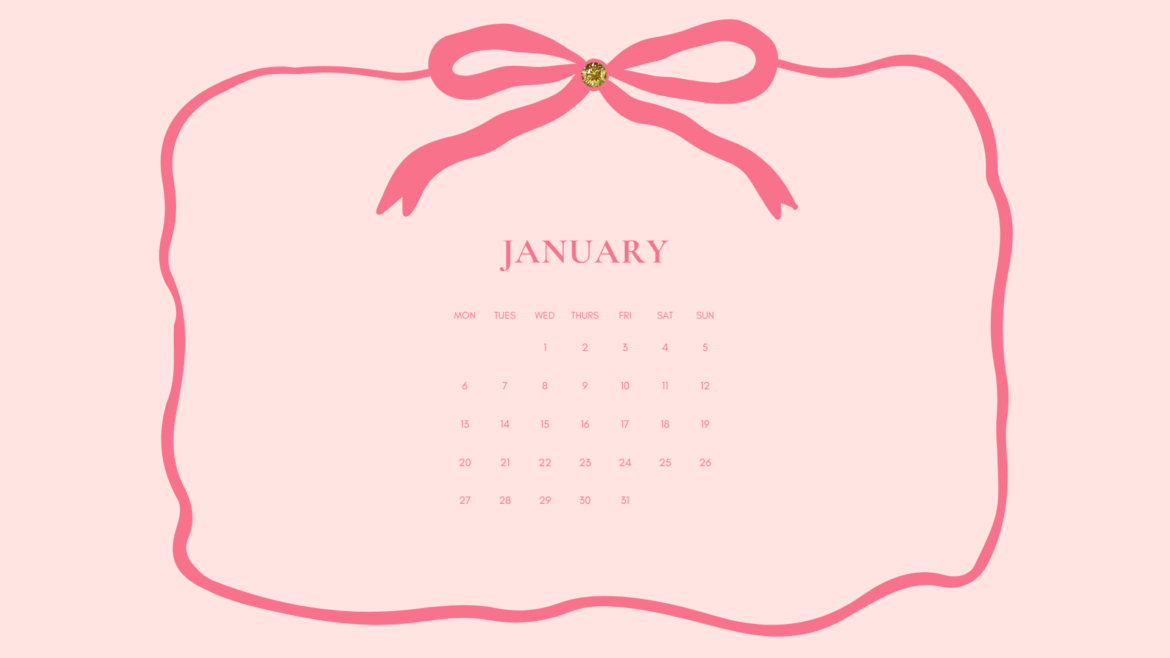 Inspire to Glow January 2025 Desktop Wallpaper, pretty pink background with dark pink calendar en pink bow